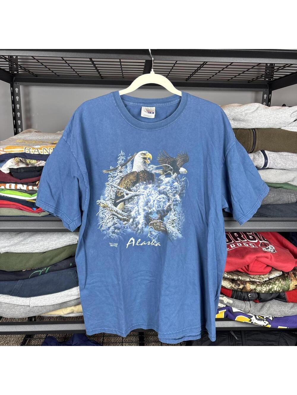 Vintage 90s Hanes Beefy-T Alaska Bald Eagle Nature Graphic Tee XL Blue